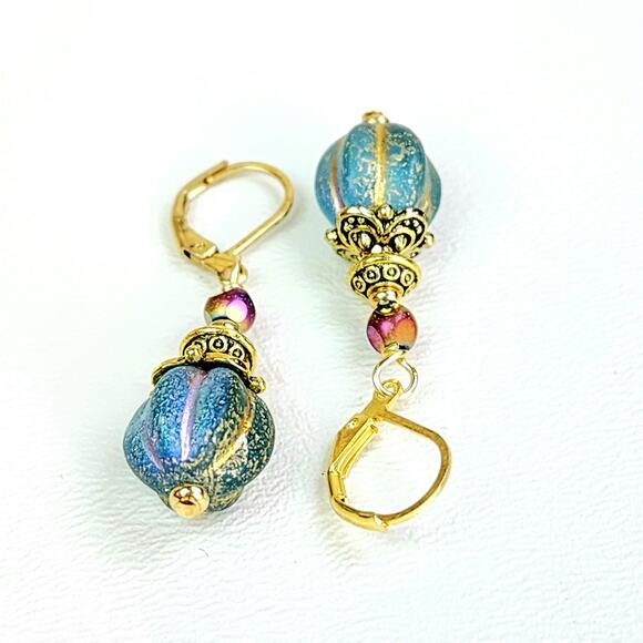 Stunning Dangle Earrings, Teal‎ Blue Glass with Etched Gold AB, Leverback Hooks - Picture 6 of 8